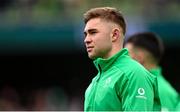 24 February 2024; Jack Crowley of Ireland before the Guinness Six Nations Rugby Championship match between Ireland and Wales at Aviva Stadium in Dublin. Photo by Ramsey Cardy/Sportsfile