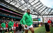 24 February 2024; Bundee Aki of Ireland before the Guinness Six Nations Rugby Championship match between Ireland and Wales at Aviva Stadium in Dublin. Photo by Ramsey Cardy/Sportsfile