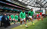 24 February 2024; Bundee Aki, left, and James Lowe of Ireland before the Guinness Six Nations Rugby Championship match between Ireland and Wales at Aviva Stadium in Dublin. Photo by Ramsey Cardy/Sportsfile