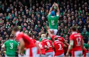 24 February 2024; Supporters watch on as Tadhg Beirne of Ireland wins possession in the lineout during the Guinness Six Nations Rugby Championship match between Ireland and Wales at Aviva Stadium in Dublin. Photo by Ramsey Cardy/Sportsfile