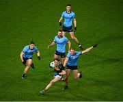 24 February 2024; Cillian Burke of Kerry comes under pressure from Dublin players, from left, John Small, Seán MacMahon, Peadar O Cofaigh Byrne and Theo Clancy  during the Allianz Football League Division 1 match between Dublin and Kerry at Croke Park in Dublin. Photo by Ray McManus/Sportsfile