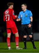 24 February 2024; Referee Kevin O'Sullivan speaks to Connor Malley of Sligo Rovers during the SSE Airtricity Men's Premier Division match between Sligo Rovers and Derry City at The Showgrounds in Sligo. Photo by Tyler Miller/Sportsfile