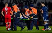 24 February 2024; Cameron Dummigan of Derry City is stretchered off the pitch after picking up an injury during the SSE Airtricity Men's Premier Division match between Sligo Rovers and Derry City at The Showgrounds in Sligo. Photo by Tyler Miller/Sportsfile