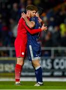 24 February 2024; Connor Malley of Sligo Rovers and Patrick Hoban of Derry City after the SSE Airtricity Men's Premier Division match between Sligo Rovers and Derry City at The Showgrounds in Sligo. Photo by Tyler Miller/Sportsfile