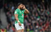 24 February 2024; Bundee Aki of Ireland during the Guinness Six Nations Rugby Championship match between Ireland and Wales at the Aviva Stadium in Dublin. Photo by Seb Daly/Sportsfile