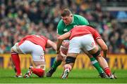 24 February 2024; Tadhg Furlong of Ireland in action against Wales players Aaron Wainwright, left, and Dafydd Jenkins during the Guinness Six Nations Rugby Championship match between Ireland and Wales at the Aviva Stadium in Dublin. Photo by Seb Daly/Sportsfile