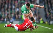 24 February 2024; Dan Sheehan of Ireland in action against Josh Adams of Wales during the Guinness Six Nations Rugby Championship match between Ireland and Wales at the Aviva Stadium in Dublin. Photo by Seb Daly/Sportsfile