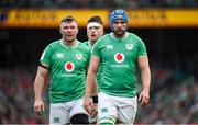 24 February 2024; Ireland players Tadhg Beirne, right, Peter O’Mahony, left, and Joe McCarthy, behind, during the Guinness Six Nations Rugby Championship match between Ireland and Wales at the Aviva Stadium in Dublin. Photo by Seb Daly/Sportsfile