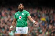 24 February 2024; Bundee Aki of Ireland during the Guinness Six Nations Rugby Championship match between Ireland and Wales at the Aviva Stadium in Dublin. Photo by Seb Daly/Sportsfile