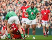 24 February 2024; Bundee Aki of Ireland celebrates winning a penalty during the Guinness Six Nations Rugby Championship match between Ireland and Wales at Aviva Stadium in Dublin. Photo by Sam Barnes/Sportsfile