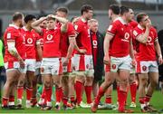 24 February 2024; Wales players including Sam Costelow, third from left, dejected after their side's defeat in the Guinness Six Nations Rugby Championship match between Ireland and Wales at Aviva Stadium in Dublin. Photo by Sam Barnes/Sportsfile