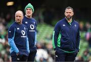 24 February 2024; Ireland head coach Andy Farrell, right, with assistant coach Mike Catt, left, and forwards coach Paul O'Connell, centre, before the Guinness Six Nations Rugby Championship match between Ireland and Wales at the Aviva Stadium in Dublin. Photo by Seb Daly/Sportsfile