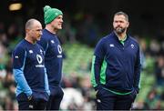24 February 2024; Ireland head coach Andy Farrell, right, with assistant coach Mike Catt, left, and forwards coach Paul O'Connell, centre, before the Guinness Six Nations Rugby Championship match between Ireland and Wales at the Aviva Stadium in Dublin. Photo by Seb Daly/Sportsfile
