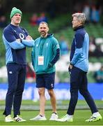24 February 2024; Ireland coaches, from left, forwards coach Paul O'Connell, strength and conditioning coach Jason Cowman, and defence coach Simon Easterby before the Guinness Six Nations Rugby Championship match between Ireland and Wales at the Aviva Stadium in Dublin. Photo by Seb Daly/Sportsfile