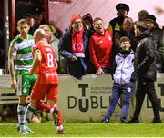 23 February 2024; Shelbourne supporters express their opinion towards Shamrock Rovers manager Stephen Bradley during the SSE Airtricity Men's Premier Division match between Shelbourne and Shamrock Rovers at Tolka Park in Dublin. Photo by Stephen McCarthy/Sportsfile