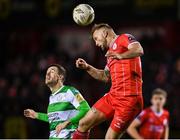 23 February 2024; Paddy Barrett of Shelbourne in action against Aaron Greene of Shamrock Rovers during the SSE Airtricity Men's Premier Division match between Shelbourne and Shamrock Rovers at Tolka Park in Dublin. Photo by Stephen McCarthy/Sportsfile