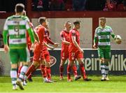 23 February 2024; Shelbourne players react towards Markus Poom of Shamrock Rovers after collecting the ball during the SSE Airtricity Men's Premier Division match between Shelbourne and Shamrock Rovers at Tolka Park in Dublin. Photo by Stephen McCarthy/Sportsfile