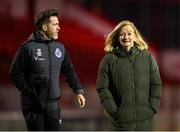 23 February 2024; Shamrock Rovers sports psychologist Mary Larkin and manager Stephen Bradley before the SSE Airtricity Men's Premier Division match between Shelbourne and Shamrock Rovers at Tolka Park in Dublin. Photo by Stephen McCarthy/Sportsfile
