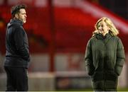 23 February 2024; Shamrock Rovers sports psychologist Mary Larkin and manager Stephen Bradley before the SSE Airtricity Men's Premier Division match between Shelbourne and Shamrock Rovers at Tolka Park in Dublin. Photo by Stephen McCarthy/Sportsfile