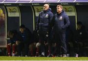 23 February 2024; Shelbourne manager Damien Duff and assistant manager Joey O'Brien, left, during the SSE Airtricity Men's Premier Division match between Shelbourne and Shamrock Rovers at Tolka Park in Dublin. Photo by Stephen McCarthy/Sportsfile