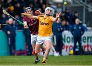 25 February 2024; Rian McMullan of Antrim in action against Padraic Mannion of Galway during the Allianz Hurling League Division 1 Group B match between Antrim and Galway at Corrigan Park in Belfast. Photo by Tyler Miller/Sportsfile