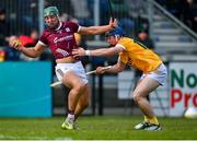25 February 2024; Fintan Burke of Galway in action against Joseph McLaughlin of Antrim during the Allianz Hurling League Division 1 Group B match between Antrim and Galway at Corrigan Park in Belfast. Photo by Tyler Miller/Sportsfile