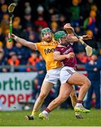 25 February 2024; Fintan Burke of Galway in action against Niall McKenna of Antrim during the Allianz Hurling League Division 1 Group B match between Antrim and Galway at Corrigan Park in Belfast. Photo by Tyler Miller/Sportsfile