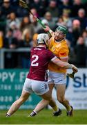 25 February 2024; Niall McKenna of Antrim in action against Darren Morrissey of Galway during the Allianz Hurling League Division 1 Group B match between Antrim and Galway at Corrigan Park in Belfast. Photo by Tyler Miller/Sportsfile
