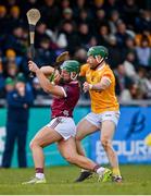 25 February 2024; Fintan Burke of Galway in action against Niall McKenna of Antrim during the Allianz Hurling League Division 1 Group B match between Antrim and Galway at Corrigan Park in Belfast. Photo by Tyler Miller/Sportsfile
