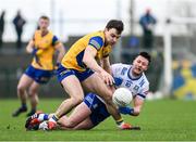 25 February 2024; Conor Hussey of Roscommon in action against Stephen O’Hanlon of Monaghan during the Allianz Football League Division 1 match between Roscommon and Monaghan at Dr Hyde Park in Roscommon. Photo by Daire Brennan/Sportsfile