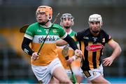 25 February 2024; Cillian Kiely of Offaly is tackled by Mikey Carey of Kilkenny during the Allianz Hurling League Division 1 Group A match between Kilkenny and Offaly at UPMC Nowlan Park in Kilkenny. Photo by Ray McManus/Sportsfile