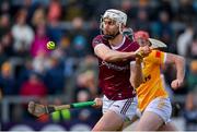 25 February 2024; Jason Flynn of Galway shoots to score his side's second goal during the Allianz Hurling League Division 1 Group B match between Antrim and Galway at Corrigan Park in Belfast. Photo by Tyler Miller/Sportsfile