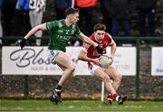 25 February 2024; Chris Og Jones of Cork in action against Oisin Smyth of Fermanagh during the Allianz Football League Division 2 match between Fermanagh and Cork at St Joseph’s Park in Ederney, Fermanagh. Photo by Ben McShane/Sportsfile