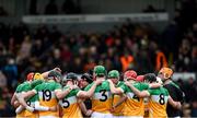 25 February 2024; Offaly team huddle before the Allianz Hurling League Division 1 Group A match between Kilkenny and Offaly at UPMC Nowlan Park in Kilkenny. Photo by Tom Beary/Sportsfile