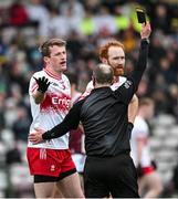 25 February 2024; Referee Derek O'Mahoney gives the black card to Brendan Rogers of Derry during the Allianz Football League Division 1 match between Galway and Derry at Pearse Stadium in Galway. Photo by Ray Ryan/Sportsfile
