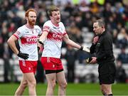 25 February 2024; Brendan Rogers of Derry pleads with Referee Derek O'Mahoney as he is given a black card during the Allianz Football League Division 1 match between Galway and Derry at Pearse Stadium in Galway. Photo by Ray Ryan/Sportsfile