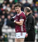 25 February 2024; Cathal Sweeney of Galway had his jersey ripped during the Allianz Football League Division 1 match between Galway and Derry at Pearse Stadium in Galway. Photo by Ray Ryan/Sportsfile
