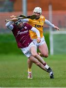 25 February 2024; Jamie Ryan of Galway in action against Paddy Burke of Antrim during the Allianz Hurling League Division 1 Group B match between Antrim and Galway at Corrigan Park in Belfast. Photo by Tyler Miller/Sportsfile