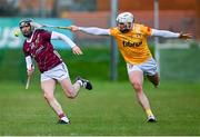 25 February 2024; Jamie Ryan of Galway in action against Paddy Burke of Antrim during the Allianz Hurling League Division 1 Group B match between Antrim and Galway at Corrigan Park in Belfast. Photo by Tyler Miller/Sportsfile