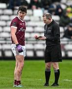 25 February 2024; Referee Derek O'Mahoney gives the black card to Kieran Molloy of Galway during the Allianz Football League Division 1 match between Galway and Derry at Pearse Stadium in Galway. Photo by Ray Ryan/Sportsfile