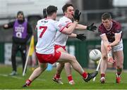 25 February 2024; Johnny Heaney of Galway in action against Padraig McGrogan and Conor McCluskey of Derry during the Allianz Football League Division 1 match between Galway and Derry at Pearse Stadium in Galway. Photo by Ray Ryan/Sportsfile
