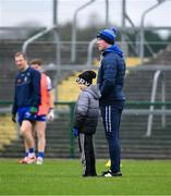 25 February 2024; Monaghan manager Vinny Corey with his son Páidí, aged 5, ahead of the Allianz Football League Division 1 match between Roscommon and Monaghan at Dr Hyde Park in Roscommon. Photo by Daire Brennan/Sportsfile