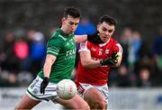 25 February 2024; Shane McGullion of Fermanagh in action against Sean Powter of Cork during the Allianz Football League Division 2 match between Fermanagh and Cork at St Joseph’s Park in Ederney, Fermanagh. Photo by Ben McShane/Sportsfile