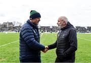 25 February 2024; Meath manager Colm O’Rourke, left, and Kildare manager Glenn Ryan shake hands after the Allianz Football League Division 2 match between Meath and Kildare at Páirc Tailteann in Navan, Meath. Photo by Sam Barnes/Sportsfile
