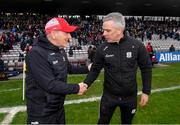 25 February 2024; Derry manager Mickey Harte and Galway manager Padraic Joyce shake hands after the Allianz Football League Division 1 match between Galway and Derry at Pearse Stadium in Galway. Photo by Ray Ryan/Sportsfile