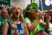 25 February 2024; Ireland supporters Jordan, right, and Danielle Kavanagh react during the FIBA Basketball World Cup 2027 European Pre-Qualifiers first round match between Ireland and Switzerland at the National Basketball Arena in Tallaght, Dublin. Photo by David Fitzgerald/Sportsfile