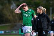 25 February 2024; Joe McDade of Fermanagh reacts after his side's defeat in the Allianz Football League Division 2 match between Fermanagh and Cork at St Joseph’s Park in Ederney, Fermanagh. Photo by Ben McShane/Sportsfile