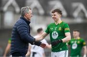 25 February 2024; Adam O'Neill of Meath is congratulated  by Meath manager Colm O’Rourke after his side' victory in the Allianz Football League Division 2 match between Meath and Kildare at Páirc Tailteann in Navan, Meath. Photo by Sam Barnes/Sportsfile