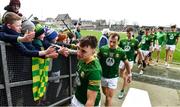 25 February 2024; Sean Coffey of Meath with supporters after his side's victory in the Allianz Football League Division 2 match between Meath and Kildare at Páirc Tailteann in Navan, Meath. Photo by Sam Barnes/Sportsfile