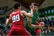 25 February 2024; Jordan Blount of Ireland in action against Natan Jurkovitz of Switzerland during the FIBA Basketball World Cup 2027 European Pre-Qualifiers first round match between Ireland and Switzerland at the National Basketball Arena in Tallaght, Dublin. Photo by David Fitzgerald/Sportsfile